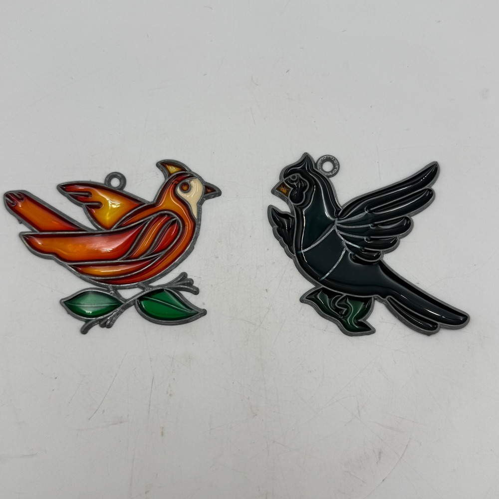 Vintage Faux Stained Glass Cardinal Suncatcher Set Red and Black Birds 2pc